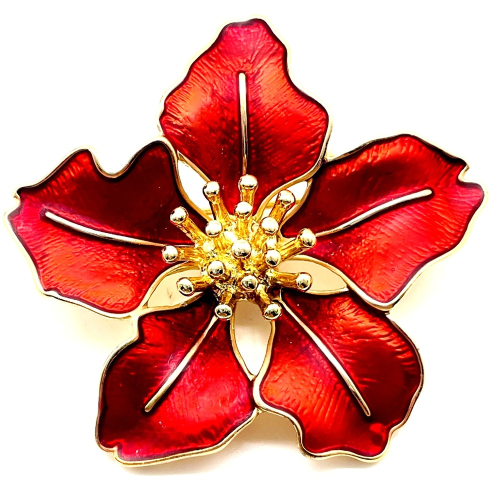 Vintage Red Enamel Flower Brooch Gold Tone Dimensional Floral Statement Pin